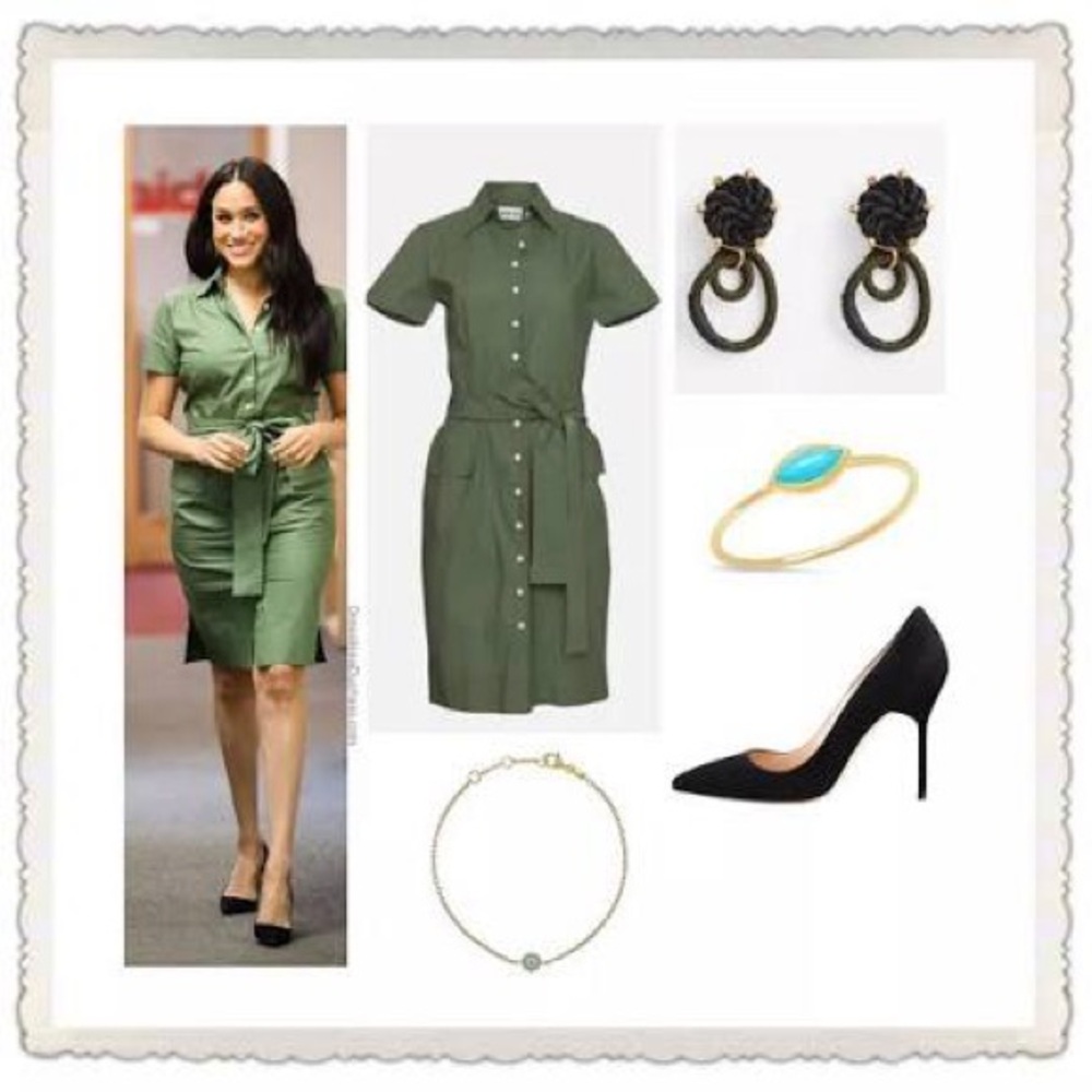 💚 Meghan Markle Stephanie' short-sleeve tailored shirtdress Khaki/Olive Green 12